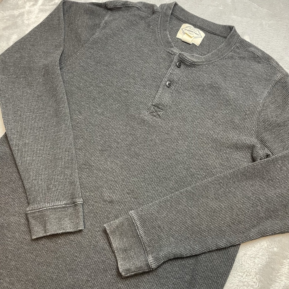 St Johns Bay Thermal Henley Shirt Mens L Charcoal Waffle Knit Long Sleeve Work